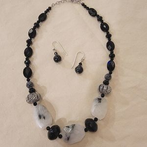 Black/White/Silver Barse Necklace and Earring set